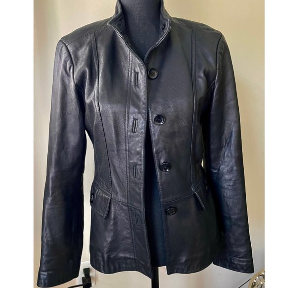 Jones New York Jackets & Blazers - JONES NEW YORK WOMENS BLACK BUTTON DOWN GENUINE LEATHER JACKET SIZE SMALL